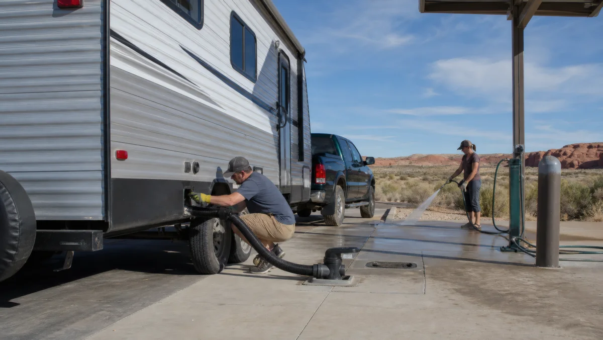 RV travelers emptying a travel trailer at a clean desert dump station